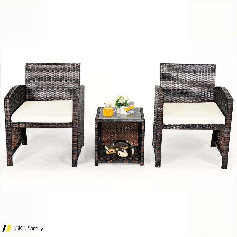 3 Pieces Pe Rattan Wicker Furniture Set With Cushion Sofa Coffee Table For Garden 240515-230763