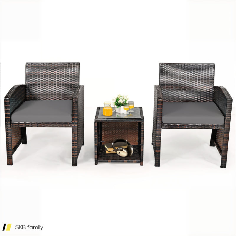 3 Pieces Pe Rattan Wicker Furniture Set With Cushion Sofa Coffee Table For Garden 240515-230763