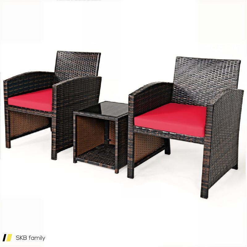 3 Pieces Pe Rattan Wicker Furniture Set With Cushion Sofa Coffee Table For Garden 240515-230763