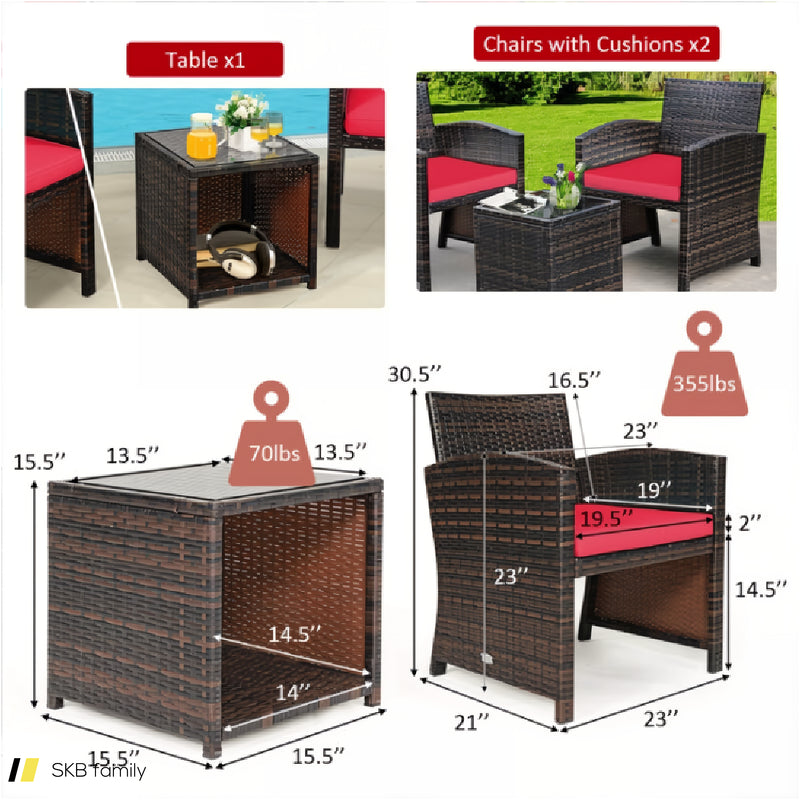 3 Pieces Pe Rattan Wicker Furniture Set With Cushion Sofa Coffee Table For Garden 240515-230763