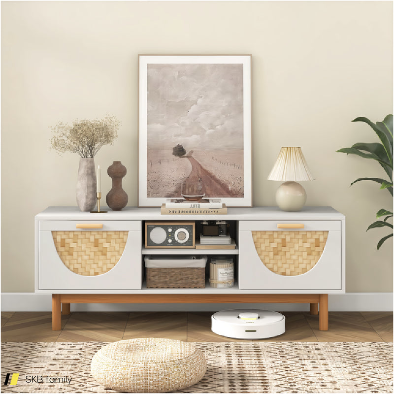 Mid Century Modern Tv Stand Entertainment Center For 55-Inch Tv With 2 Drawers And Bamboo Woven Fronts 240515-230766