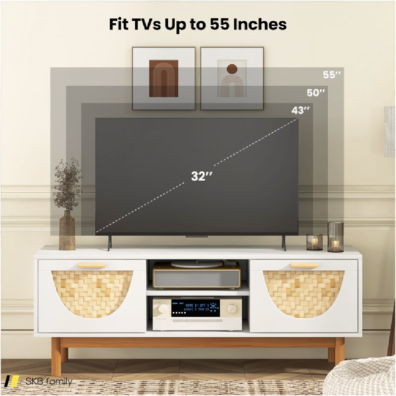 Mid Century Modern Tv Stand Entertainment Center For 55-Inch Tv With 2 Drawers And Bamboo Woven Fronts 240515-230766