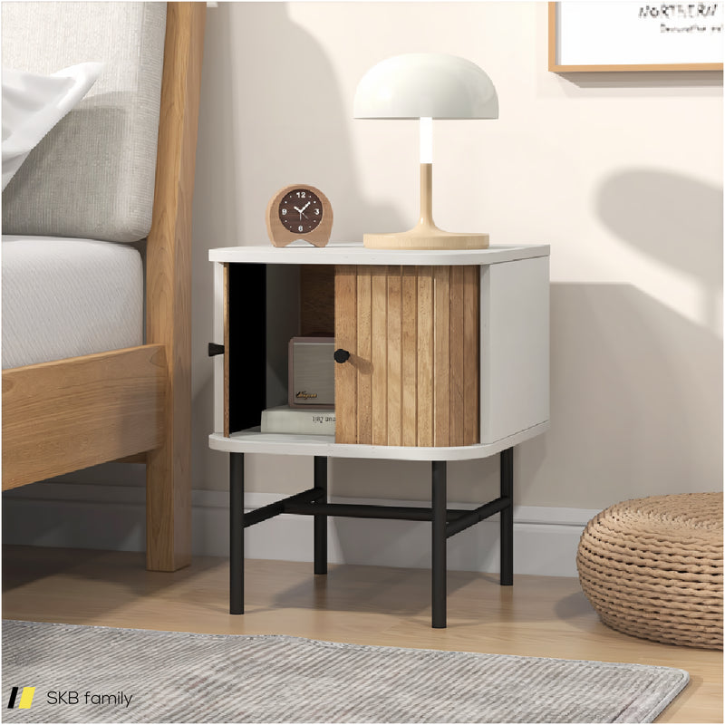 Mid-Century Modern Nightstand With Sliding Doors And Storage Cabinet 240515-230767