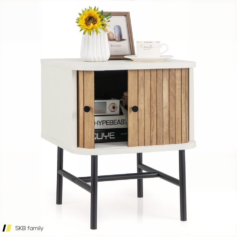 Mid-Century Modern Nightstand With Sliding Doors And Storage Cabinet 240515-230767