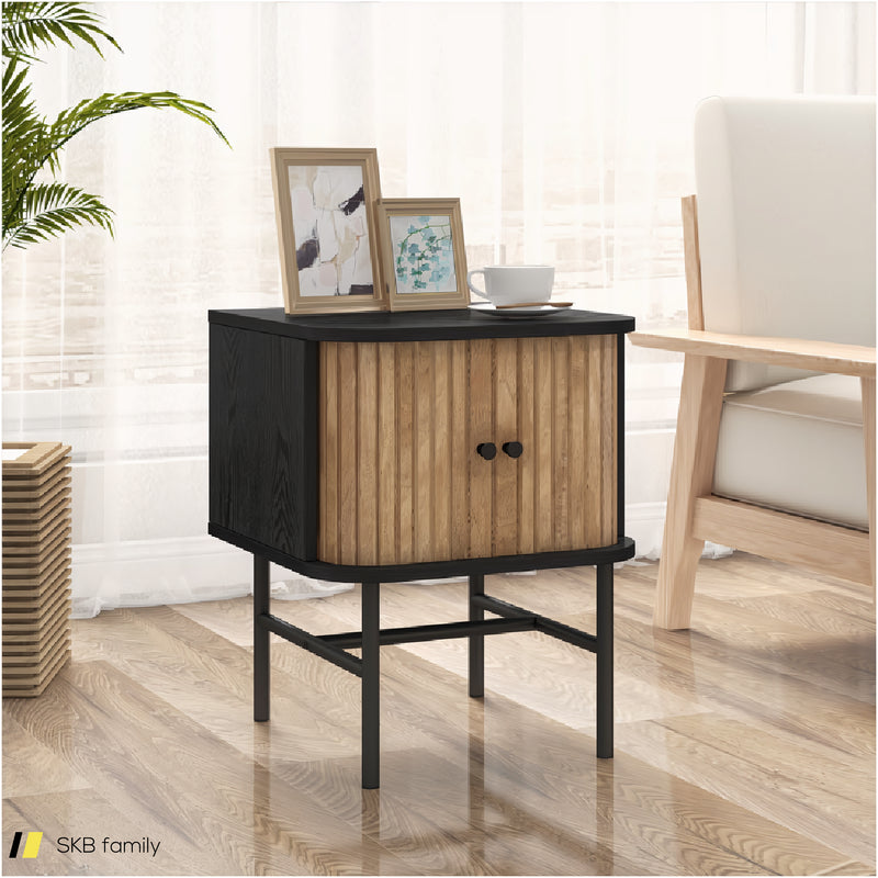 Mid-Century Modern Nightstand With Sliding Doors And Storage Cabinet 240515-230767