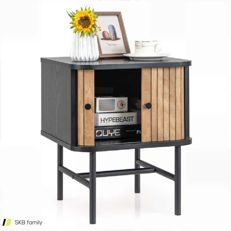 Mid-Century Modern Nightstand With Sliding Doors And Storage Cabinet 240515-230767