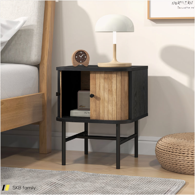 Mid-Century Modern Nightstand With Sliding Doors And Storage Cabinet 240515-230767