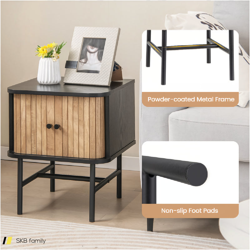 Mid-Century Modern Nightstand With Sliding Doors And Storage Cabinet 240515-230767