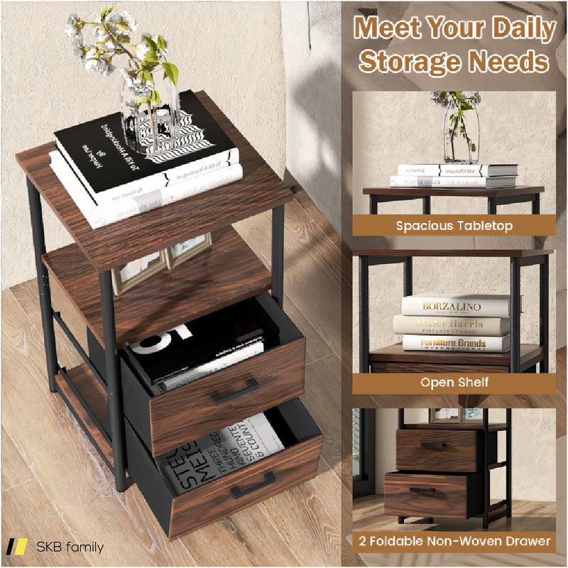 3-Tier Retro Nightstand With 2 Removable Fabric Drawers And Open Shelf 240515-230771