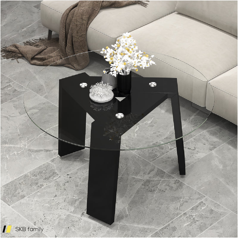 29.5 Inch Round Glass Coffee Table With Solid Rubber Wood Legs For Living Room Home Office Small Space 240515-230773