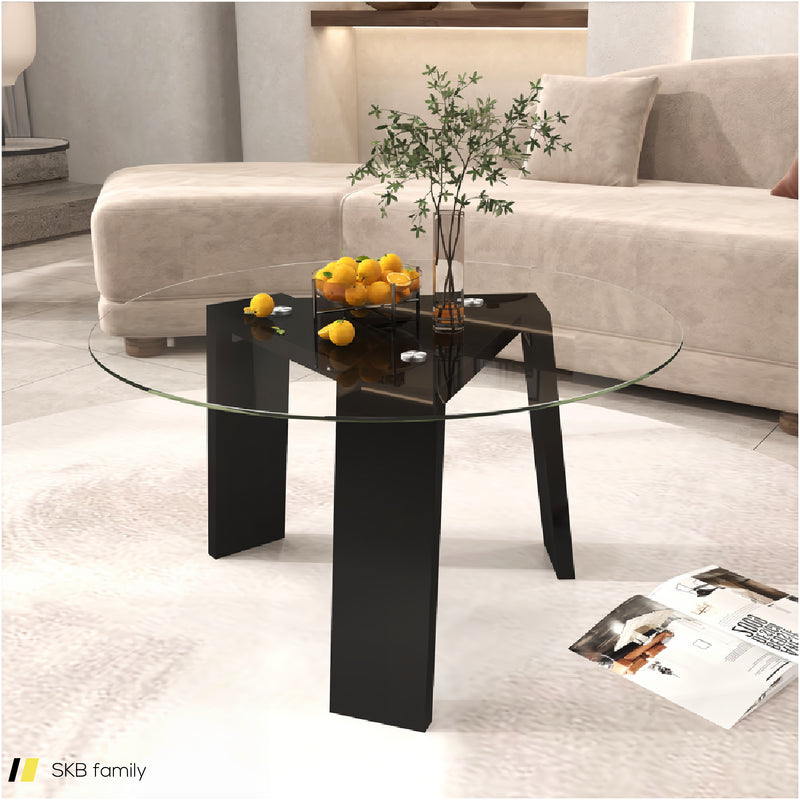 29.5 Inch Round Glass Coffee Table With Solid Rubber Wood Legs For Living Room Home Office Small Space 240515-230773