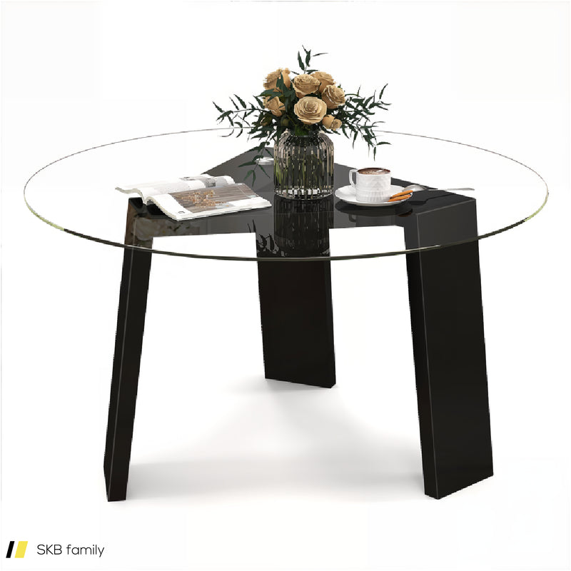 29.5 Inch Round Glass Coffee Table With Solid Rubber Wood Legs For Living Room Home Office Small Space 240515-230773