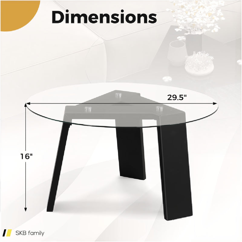 29.5 Inch Round Glass Coffee Table With Solid Rubber Wood Legs For Living Room Home Office Small Space 240515-230773