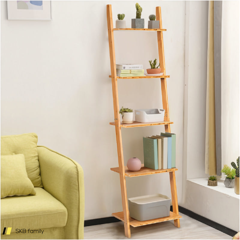 5-Tier Modern Bamboo Wall-Leaning Display Ladder Bookshelf 240515-230777