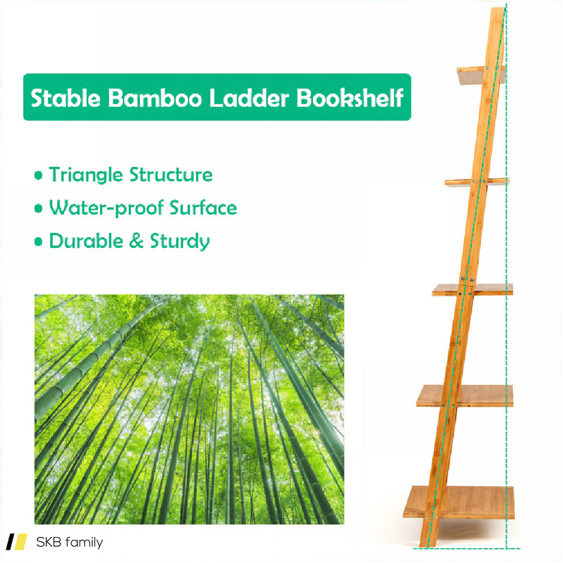 5-Tier Modern Bamboo Wall-Leaning Display Ladder Bookshelf 240515-230777