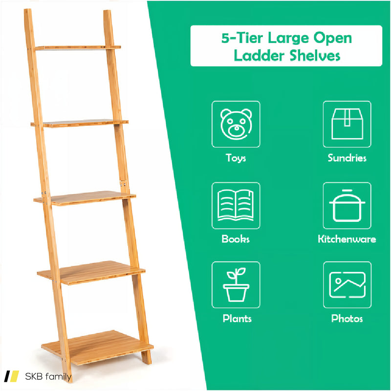 5-Tier Modern Bamboo Wall-Leaning Display Ladder Bookshelf 240515-230777