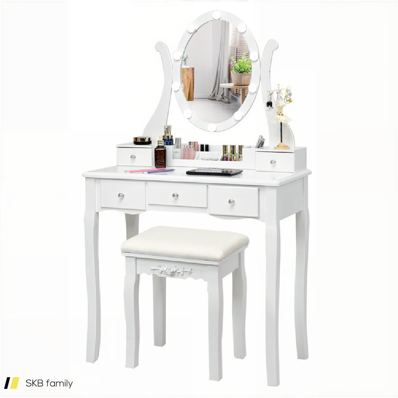 10 Dimmable Lights Vanity Table Set With Lighted Mirror And Cushioned Stool 240515-230796