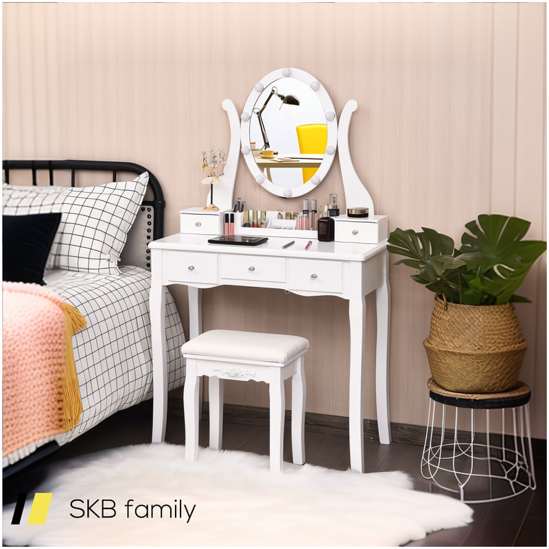 10 Dimmable Lights Vanity Table Set With Lighted Mirror And Cushioned Stool 240515-230796