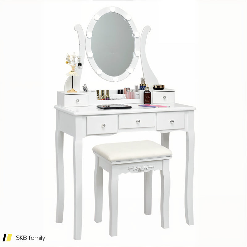 10 Dimmable Lights Vanity Table Set With Lighted Mirror And Cushioned Stool 240515-230796