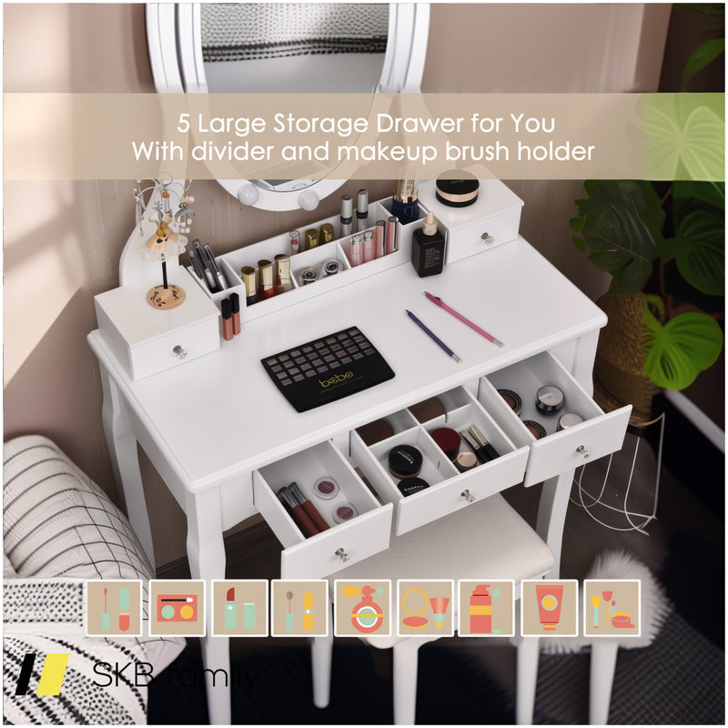 10 Dimmable Lights Vanity Table Set With Lighted Mirror And Cushioned Stool 240515-230796