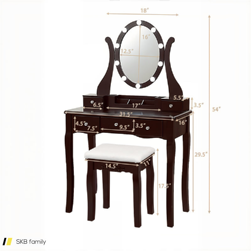 10 Dimmable Lights Vanity Table Set With Lighted Mirror And Cushioned Stool 240515-230796