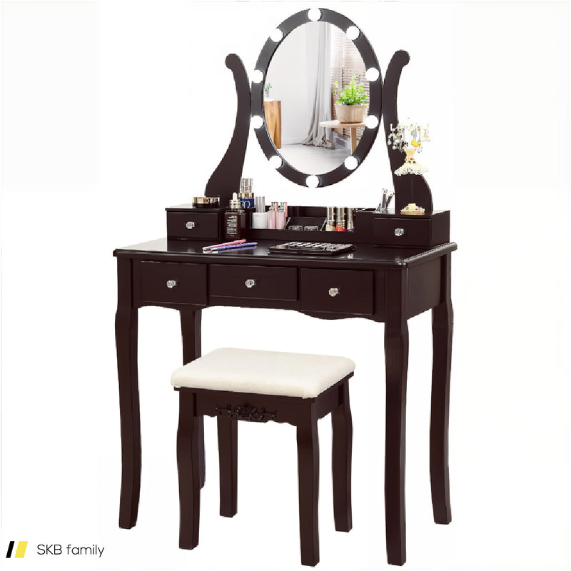 10 Dimmable Lights Vanity Table Set With Lighted Mirror And Cushioned Stool 240515-230796