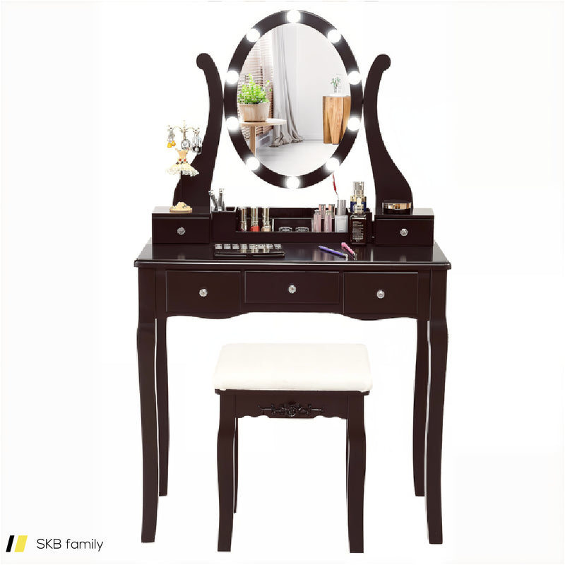 10 Dimmable Lights Vanity Table Set With Lighted Mirror And Cushioned Stool 240515-230796