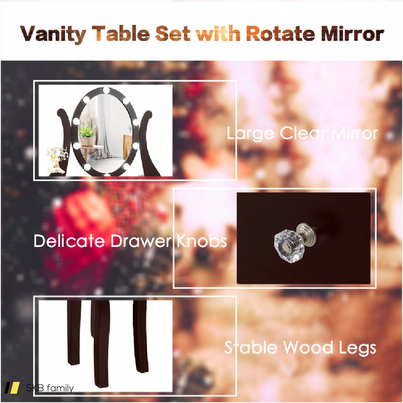 10 Dimmable Lights Vanity Table Set With Lighted Mirror And Cushioned Stool 240515-230796