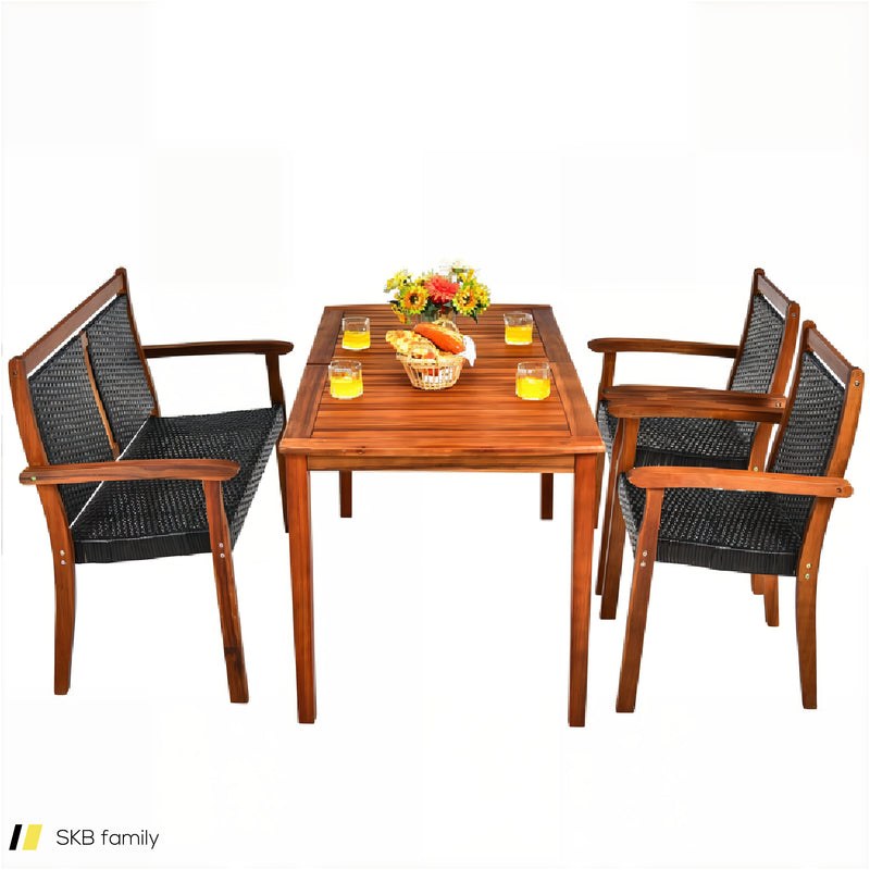 4 Pieces Acacia Wood Patio Rattan Dining Furniture Set 240515-230823