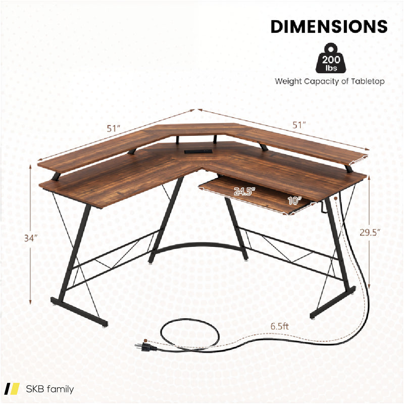 L-Shaped Computer Desk With Power Outlet And Monitor Stand 240515-230824