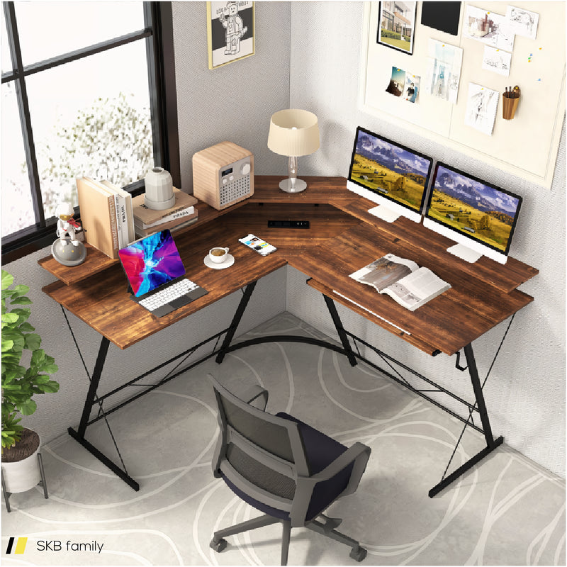 L-Shaped Computer Desk With Power Outlet And Monitor Stand 240515-230824