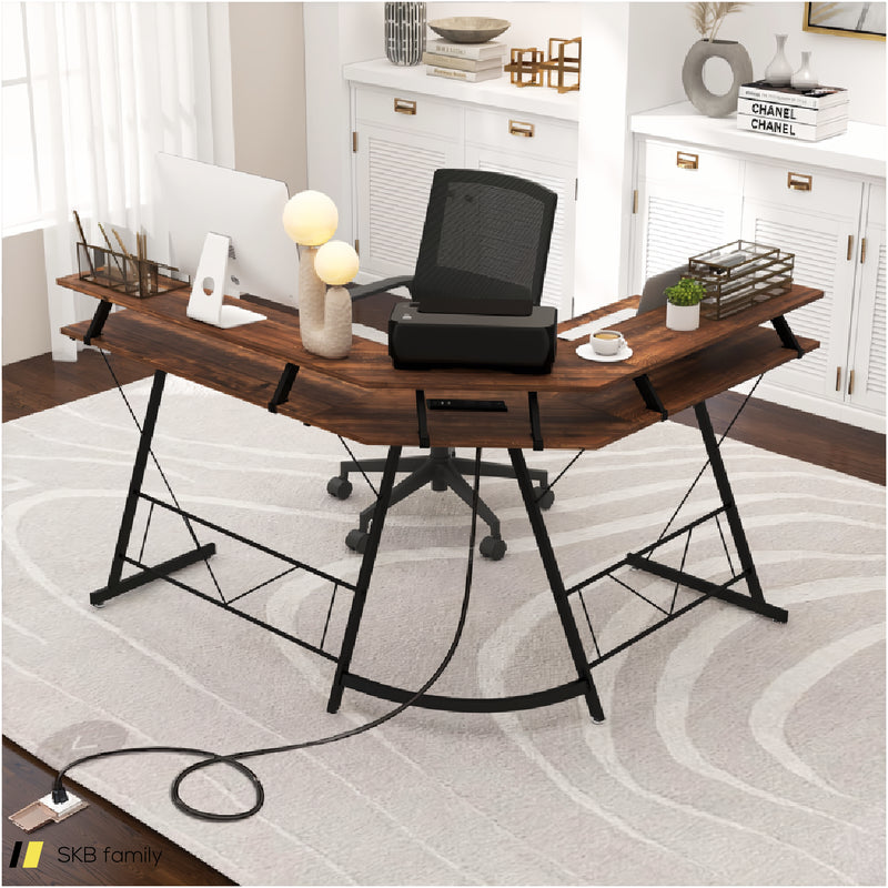 L-Shaped Computer Desk With Power Outlet And Monitor Stand 240515-230824