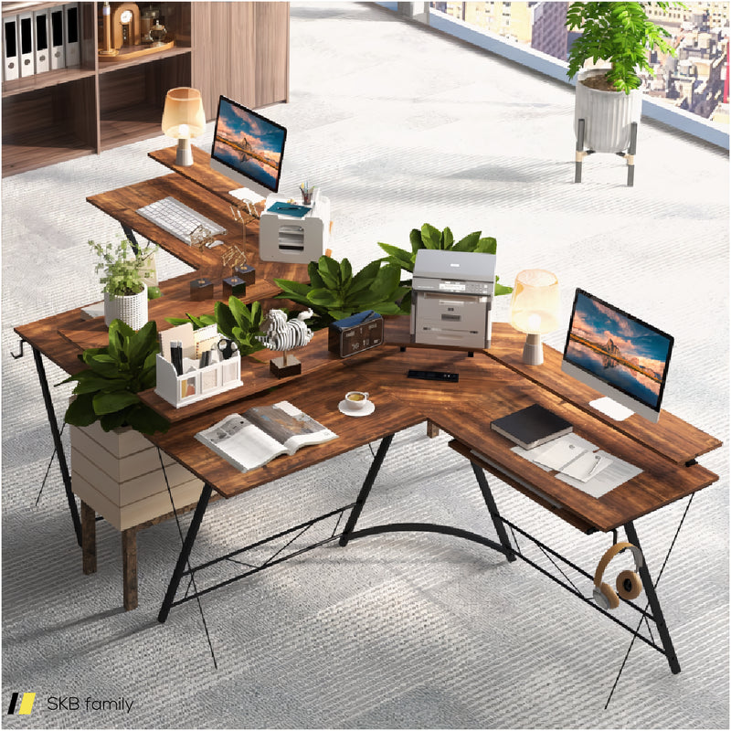 L-Shaped Computer Desk With Power Outlet And Monitor Stand 240515-230824