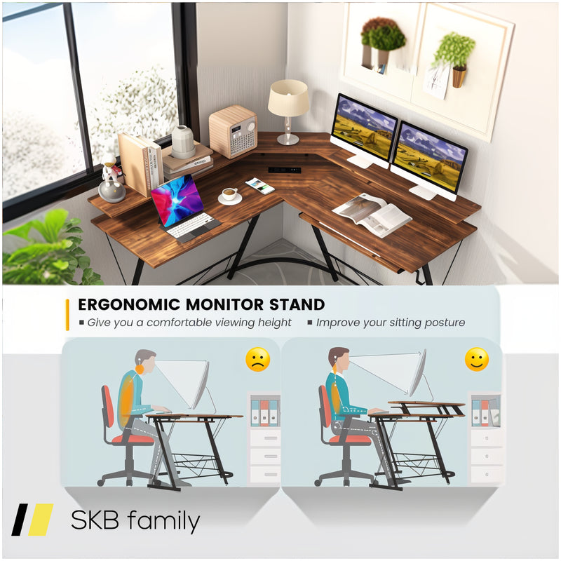 L-Shaped Computer Desk With Power Outlet And Monitor Stand 240515-230824