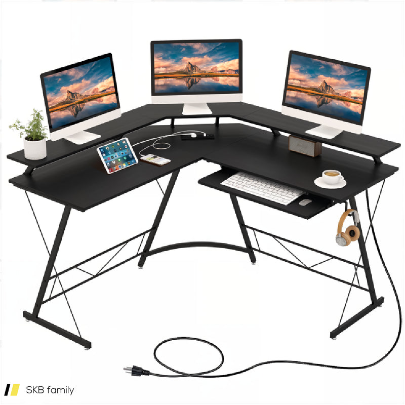 L-Shaped Computer Desk With Power Outlet And Monitor Stand 240515-230824