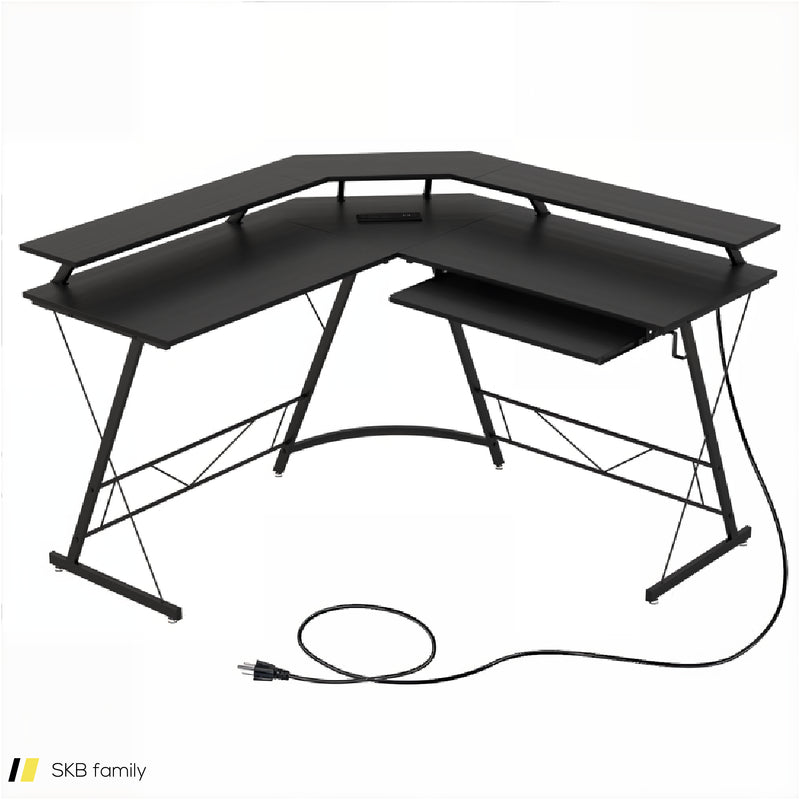 L-Shaped Computer Desk With Power Outlet And Monitor Stand 240515-230824