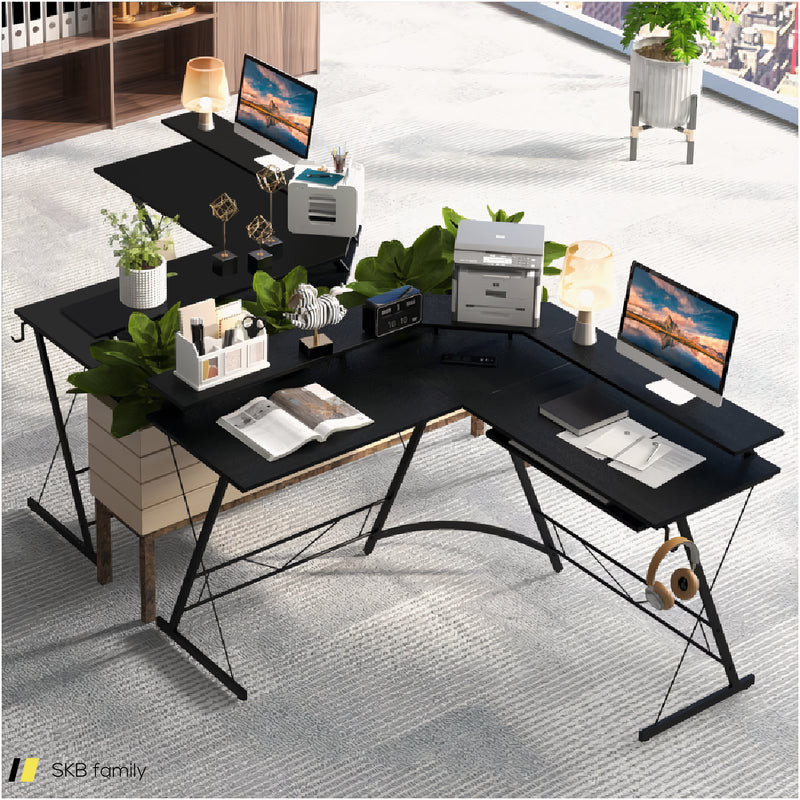 L-Shaped Computer Desk With Power Outlet And Monitor Stand 240515-230824