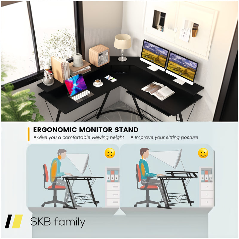 L-Shaped Computer Desk With Power Outlet And Monitor Stand 240515-230824