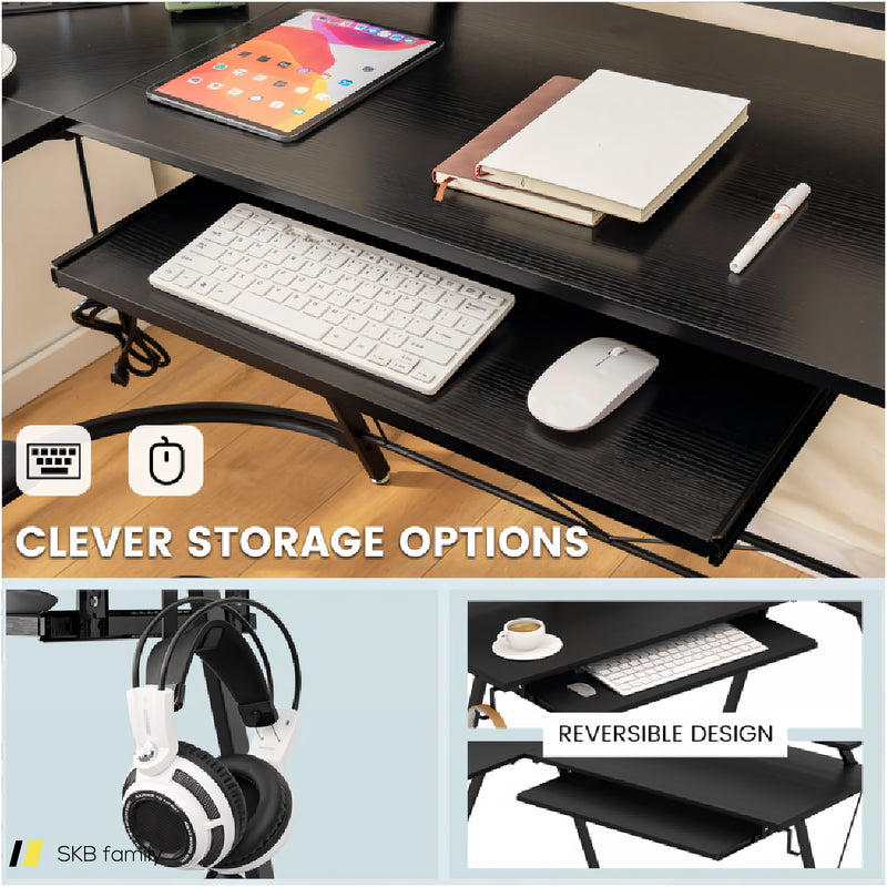 L-Shaped Computer Desk With Power Outlet And Monitor Stand 240515-230824