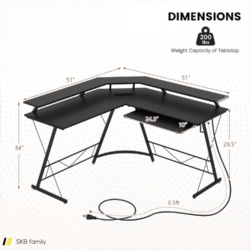 L-Shaped Computer Desk With Power Outlet And Monitor Stand 240515-230824