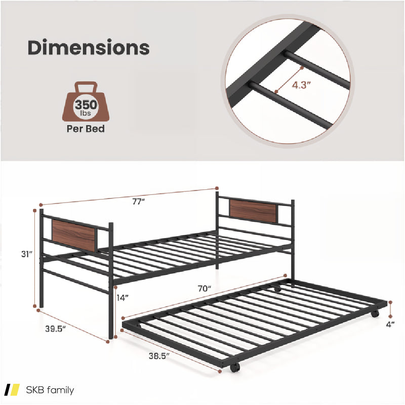 Twin Size Metal Daybed With Trundle And Wood Grain Headboard 240515-230828