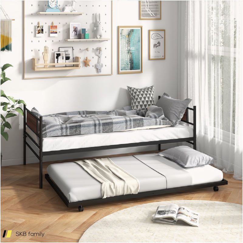 Twin Size Metal Daybed With Trundle And Wood Grain Headboard 240515-230828