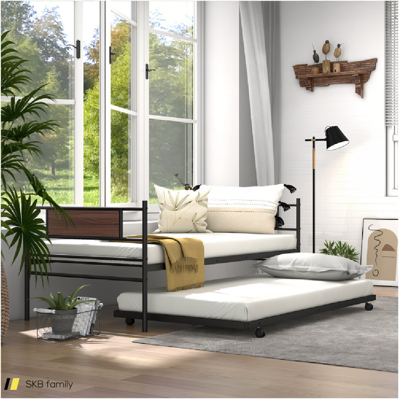 Twin Size Metal Daybed With Trundle And Wood Grain Headboard 240515-230828