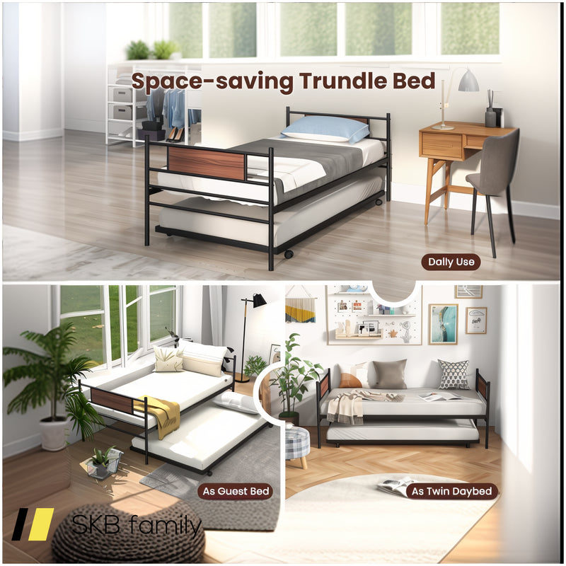 Twin Size Metal Daybed With Trundle And Wood Grain Headboard 240515-230828