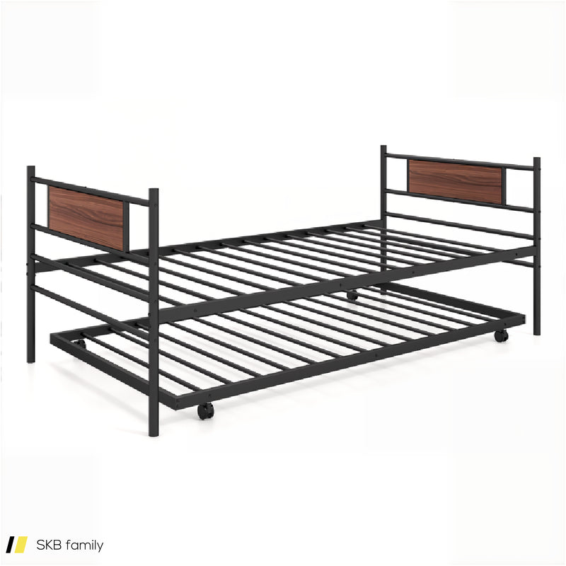 Twin Size Metal Daybed With Trundle And Wood Grain Headboard 240515-230828