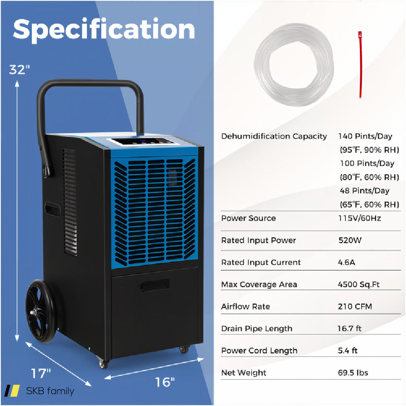 140 Pints Commercial Dehumidifier Crawl Space Dehumidifier With Pump And Drain Hose 240515-230831