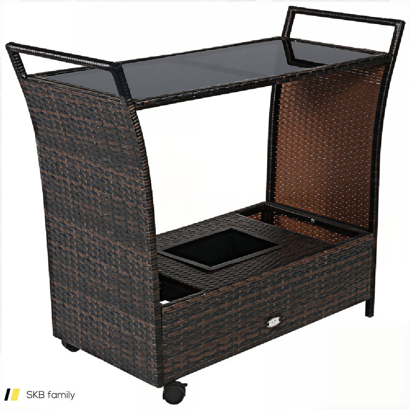 Patio Rattan Bar Serving Cart With Glass Top And Handle 240515-230833