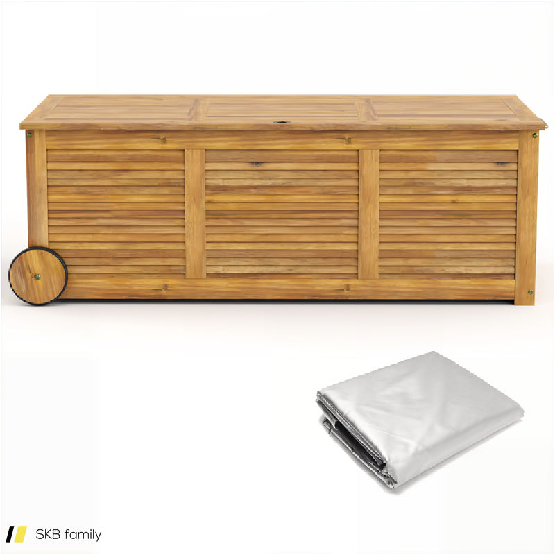 Rolling Patio Wooden Deck Box With 2 Wheelsand Side Handle For Outdoor 240515-230838