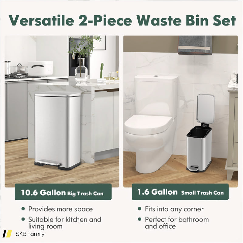 10.5 Gal And 1.6 Gal Step Trash Can Combo Set With Detachable Inner Buckets-Silver 240515-230839