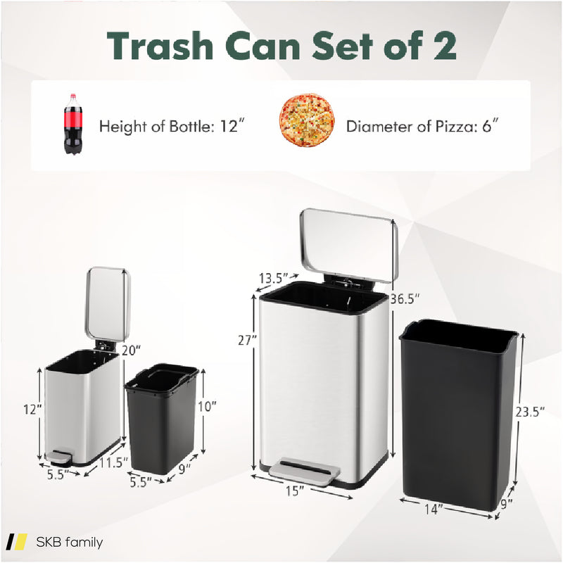 10.5 Gal And 1.6 Gal Step Trash Can Combo Set With Detachable Inner Buckets-Silver 240515-230839